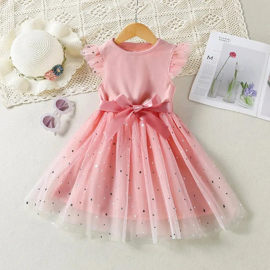 2024 New Arrival Solid Sequin Summer Dress for Kids – Elegant Princess Dress with Fly Sleeves, Perfect for Birthdays & Parties (Ages 2-6)