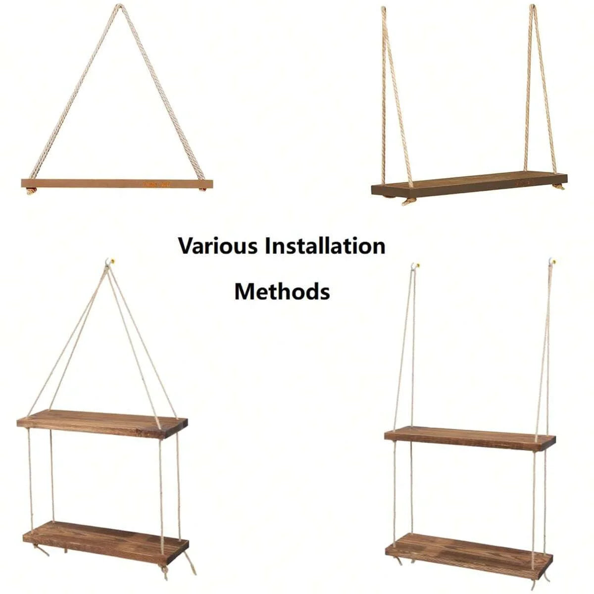 1PC Wooden Swing Hanging Shelf with Hemp Rope – Wall-Mounted Floating Storage Tray for Plants, Flowers & Home Décor