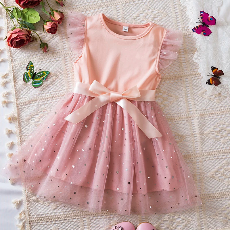 2024 New Arrival Solid Sequin Summer Dress for Kids – Elegant Princess Dress with Fly Sleeves, Perfect for Birthdays & Parties (Ages 2-6)