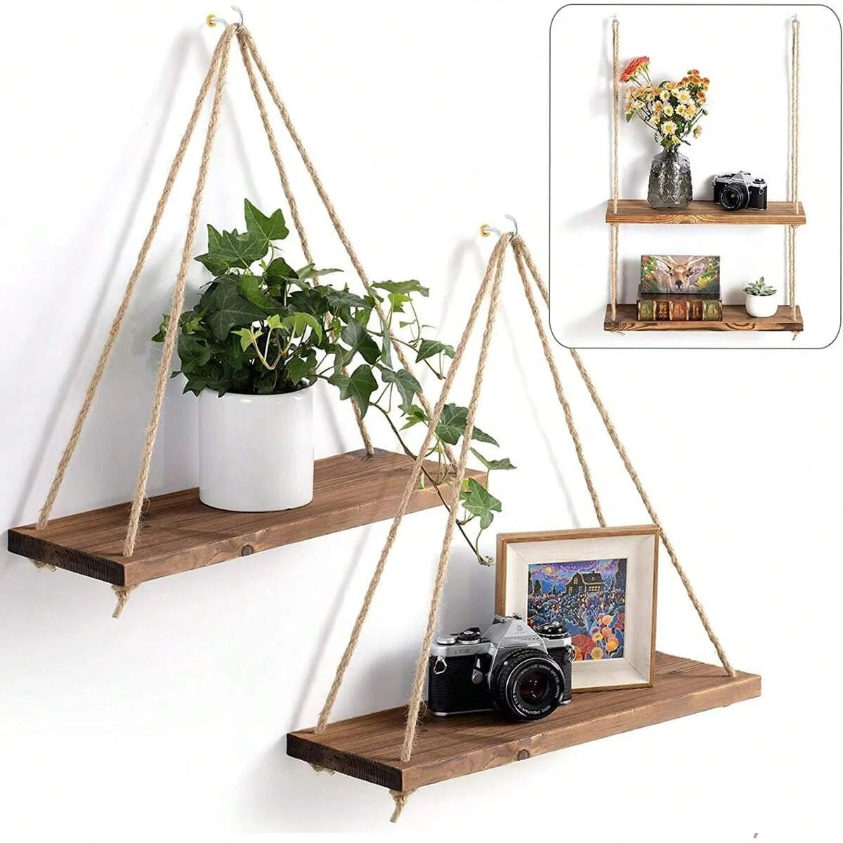 1PC Wooden Swing Hanging Shelf with Hemp Rope – Wall-Mounted Floating Storage Tray for Plants, Flowers & Home Décor